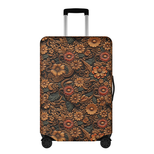 Tooled Leather Flowers with Red and Blue Accent Print  - Luggage Protector and Cover 3 Sizes