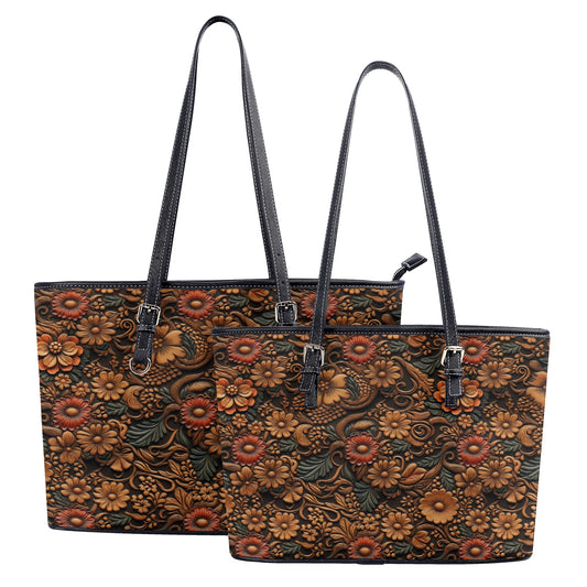 Tooled Leather Flowers with Red and Blue Accent Print Professional Tote Bag Faux Leather (PU) - 2 Sizes