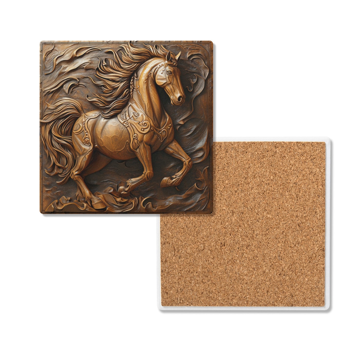 Tooled Leather Horse Running Design Print Square Ceramic Coasters - Set of 4