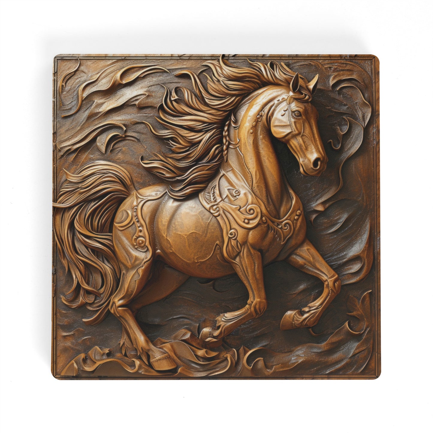 Tooled Leather Horse Running Design Print Square Ceramic Coasters - Set of 4