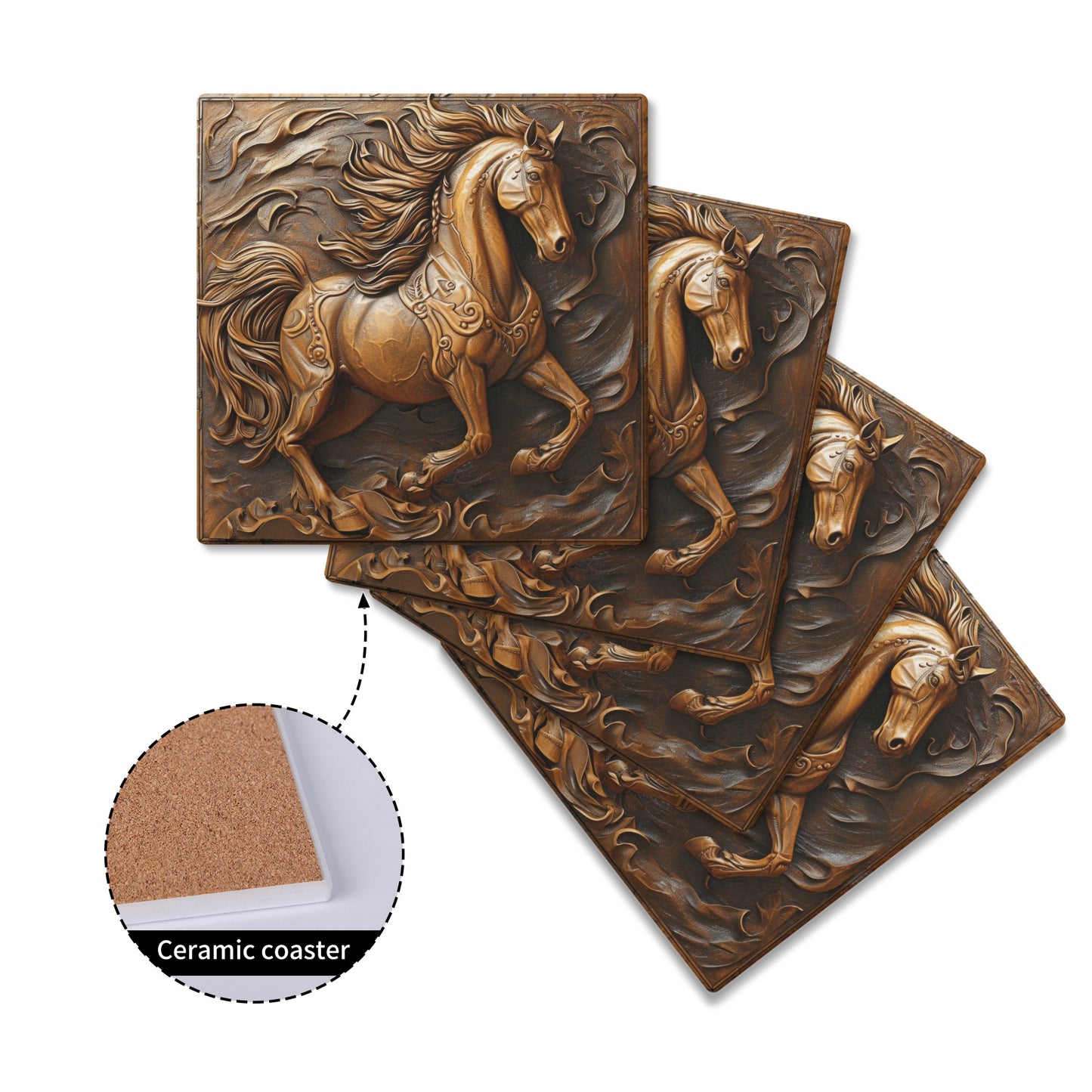 Tooled Leather Horse Running Design Print Square Ceramic Coasters - Set of 4