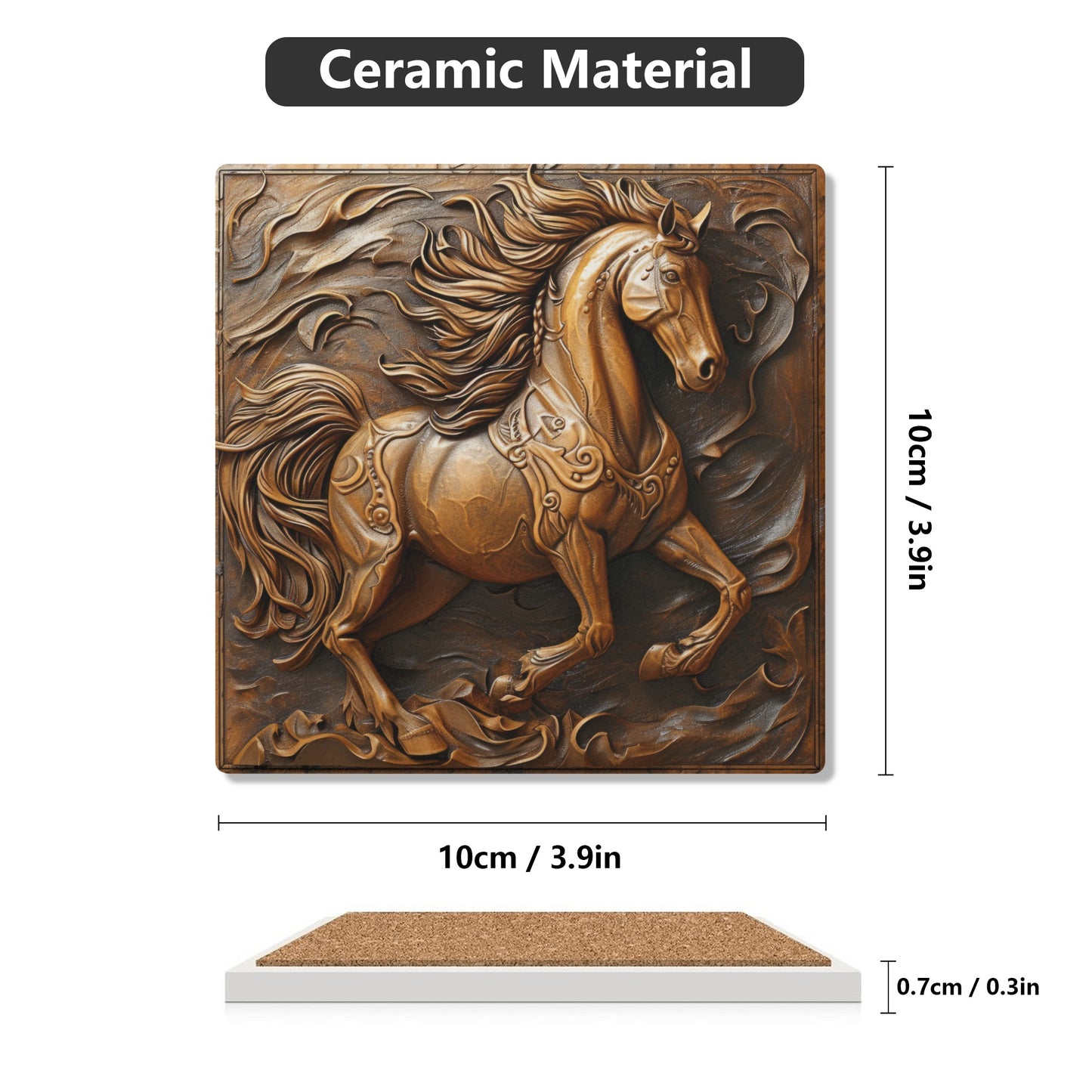 Tooled Leather Horse Running Design Print Square Ceramic Coasters - Set of 4