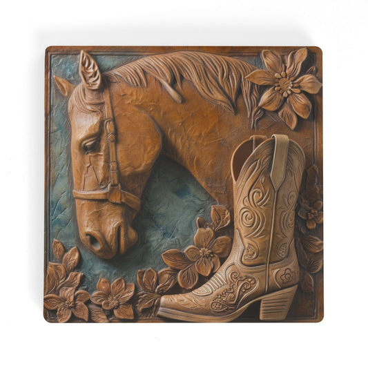 Tooled Leather Horse Head With Boot and Flowers Blue Background Design Print Square Ceramic Coasters - Set of 4