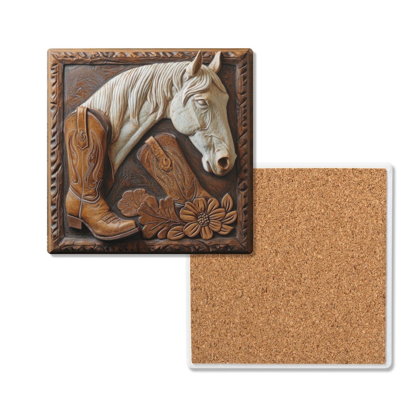 Tooled Leather White Horse Head With Boot and Flowers Background Design Print Square Ceramic Coasters - Set of 4