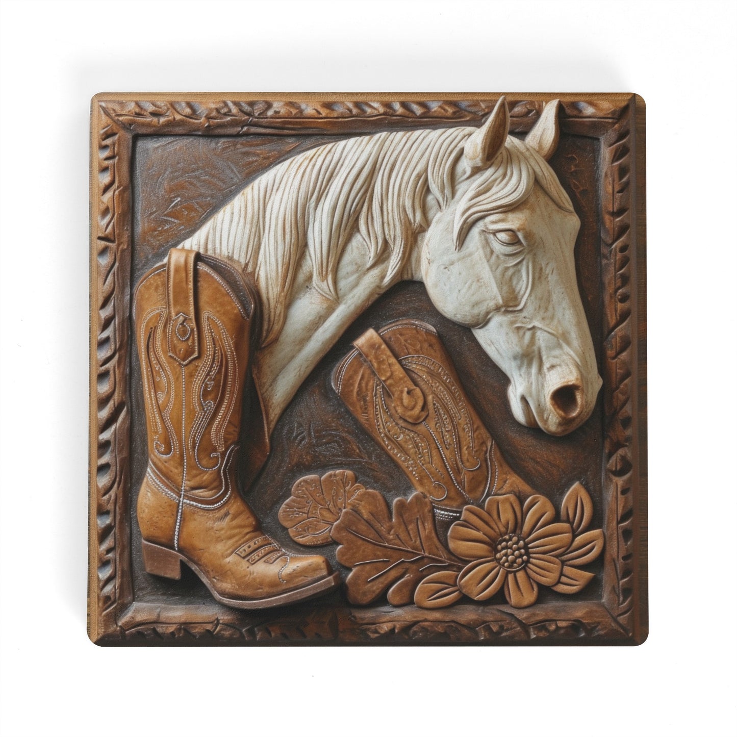 Tooled Leather White Horse Head With Boot and Flowers Background Design Print Square Ceramic Coasters - Set of 4