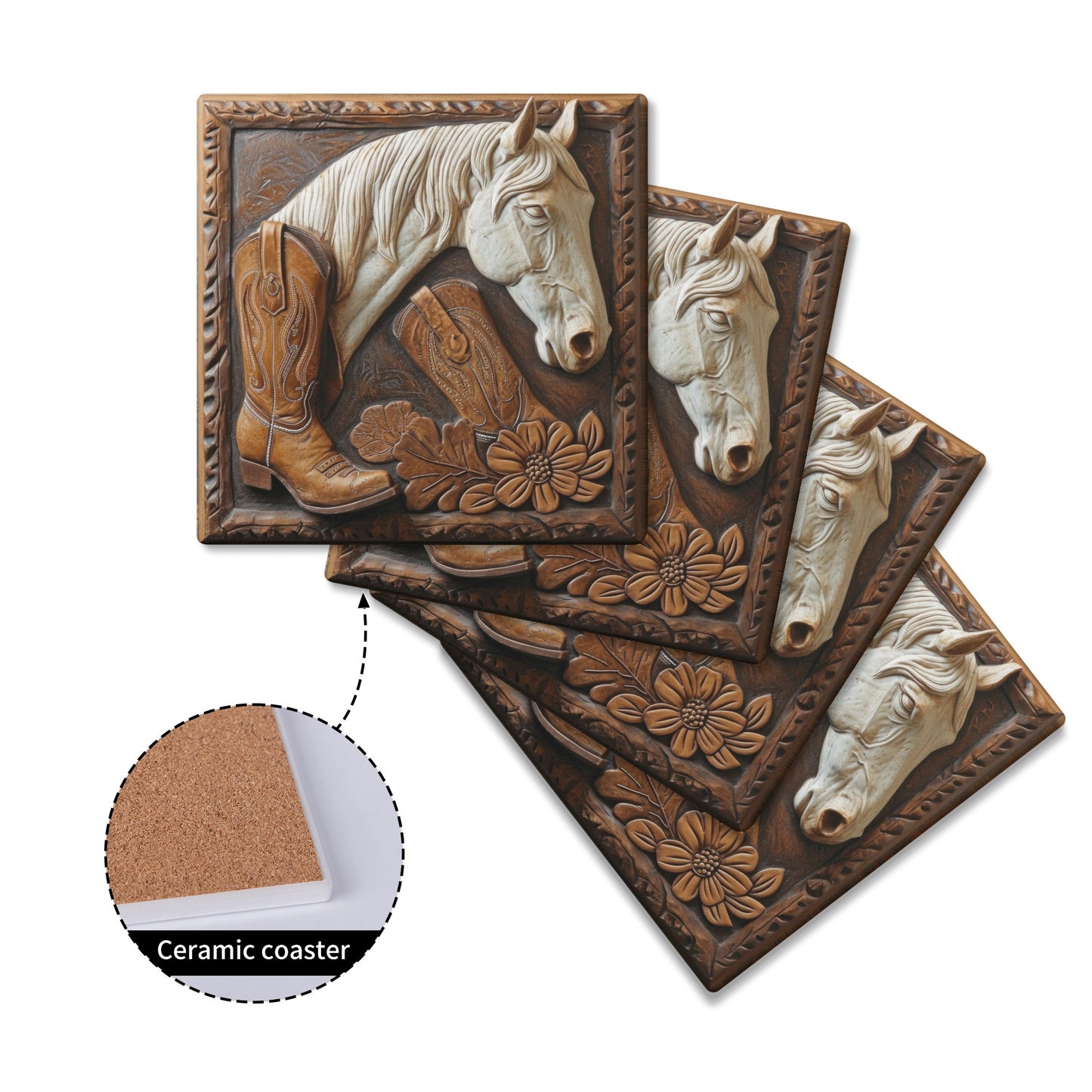 Tooled Leather White Horse Head With Boot and Flowers Background Design Print Square Ceramic Coasters - Set of 4