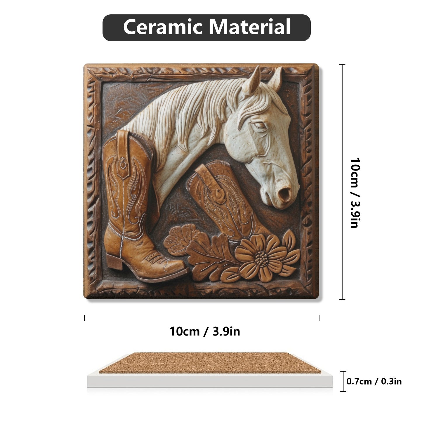 Tooled Leather White Horse Head With Boot and Flowers Background Design Print Square Ceramic Coasters - Set of 4