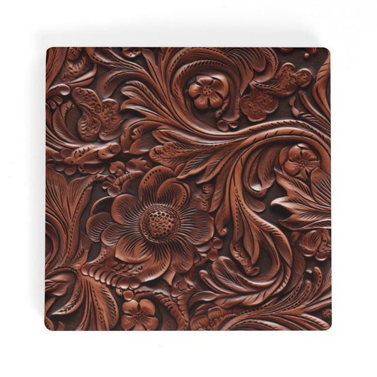 Rustic Tooled Deep Brown Leather Flowers with Leaf Accents Print Design Square Ceramic Coasters - Set of 4