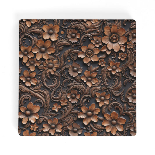 Tooled Deep Brown Leather Flowers Print Square Ceramic Coasters - Set of 4