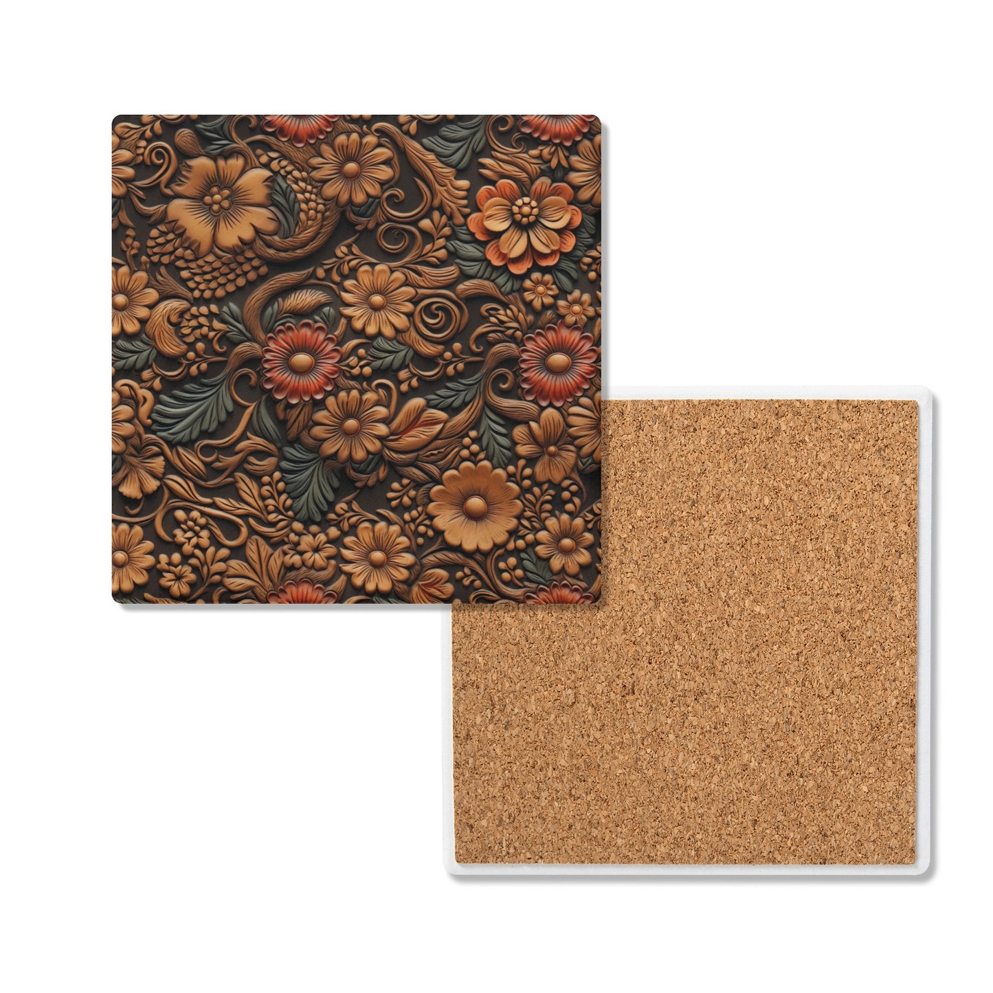 Tooled Leather Flowers with Red and Blue Accent Print Square Ceramic Coasters - Set of 4