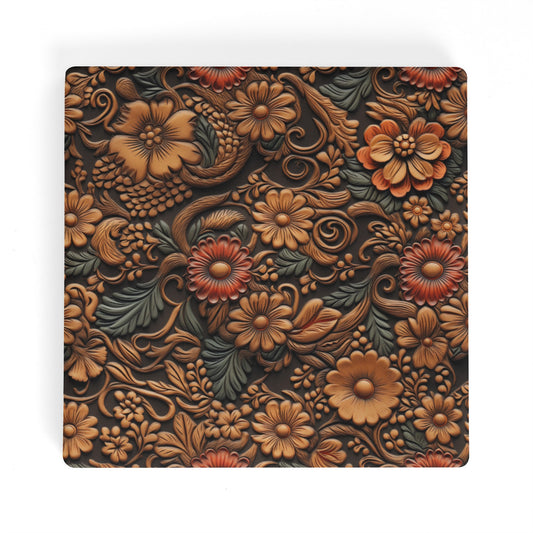 Tooled Leather Flowers with Red and Blue Accent Print Square Ceramic Coasters - Set of 4