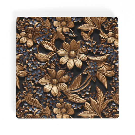 Tooled Leather Gold Flowers with Blue Accents Print Design Square Ceramic Coasters - Set of 4