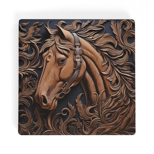 Tooled Leather Horse Head Flowing Main and Filigree Design Print Square Ceramic Coasters - Set of 4