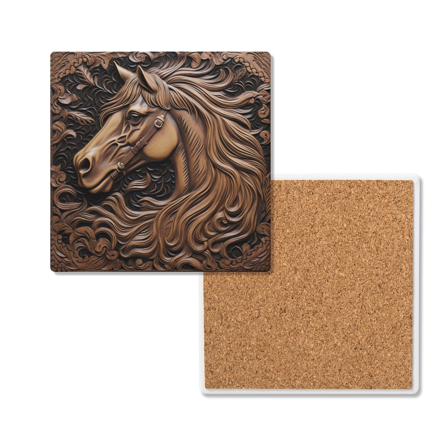 Tooled Leather Horse Head Flowing Main and Filigree Design Print Square Ceramic Coasters - Set of 4