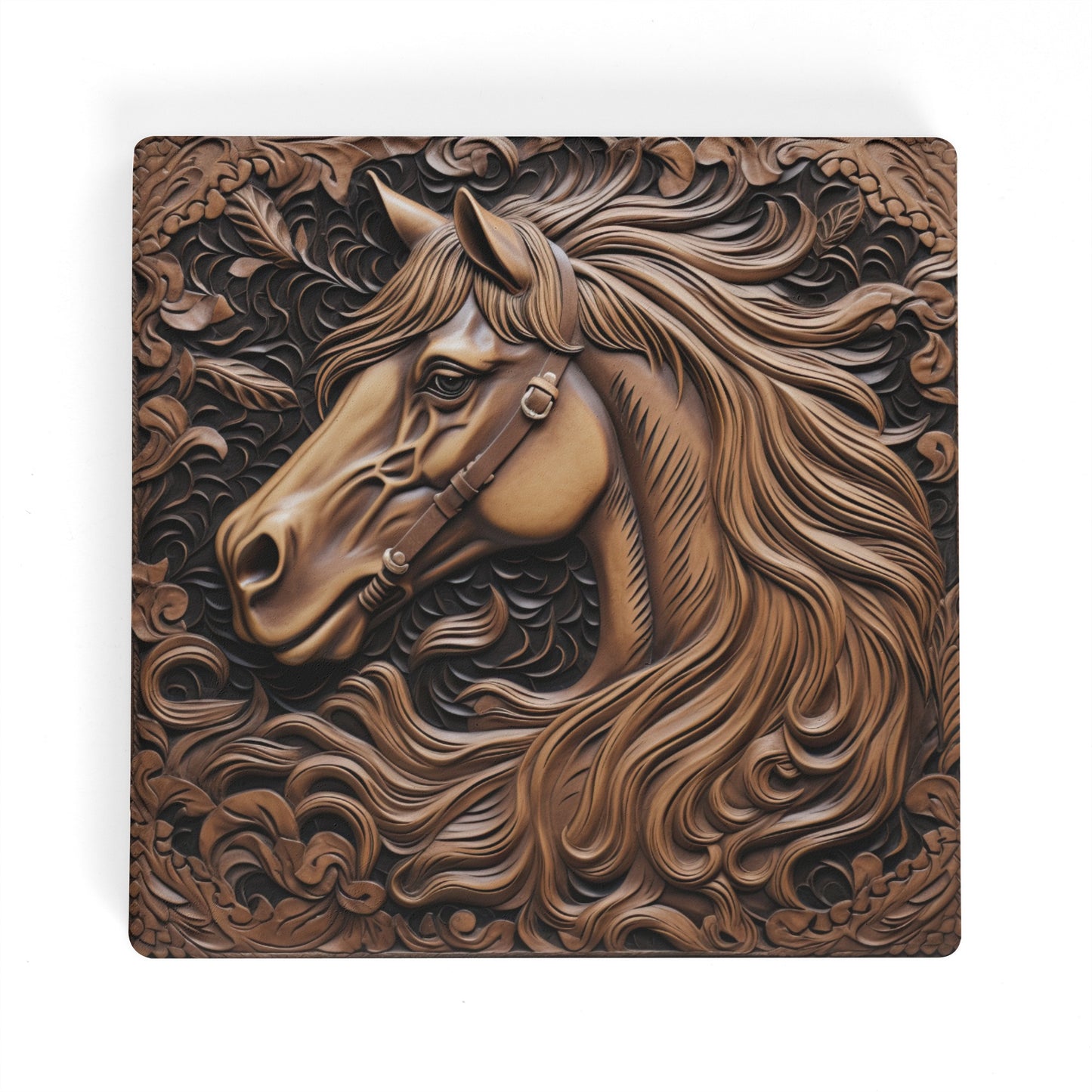 Tooled Leather Horse Head Flowing Main and Filigree Design Print Square Ceramic Coasters - Set of 4