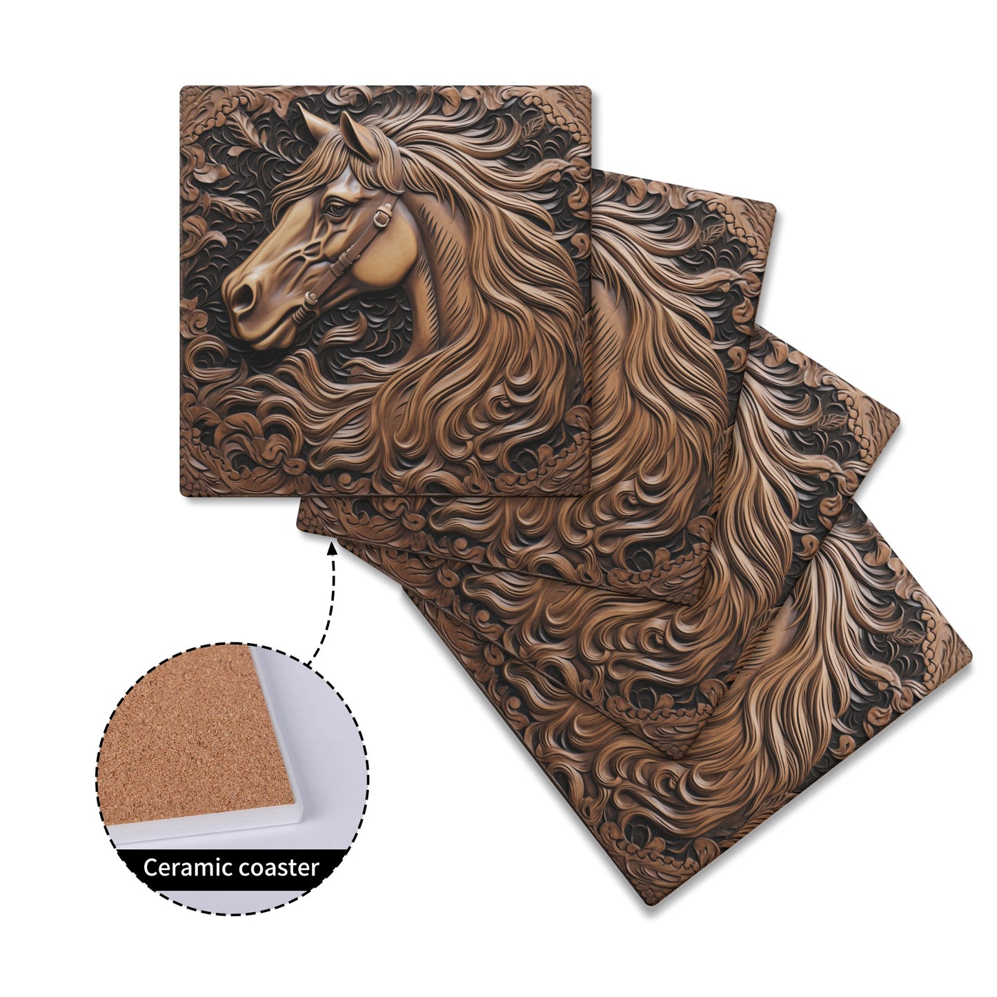 Tooled Leather Horse Head Flowing Main and Filigree Design Print Square Ceramic Coasters - Set of 4