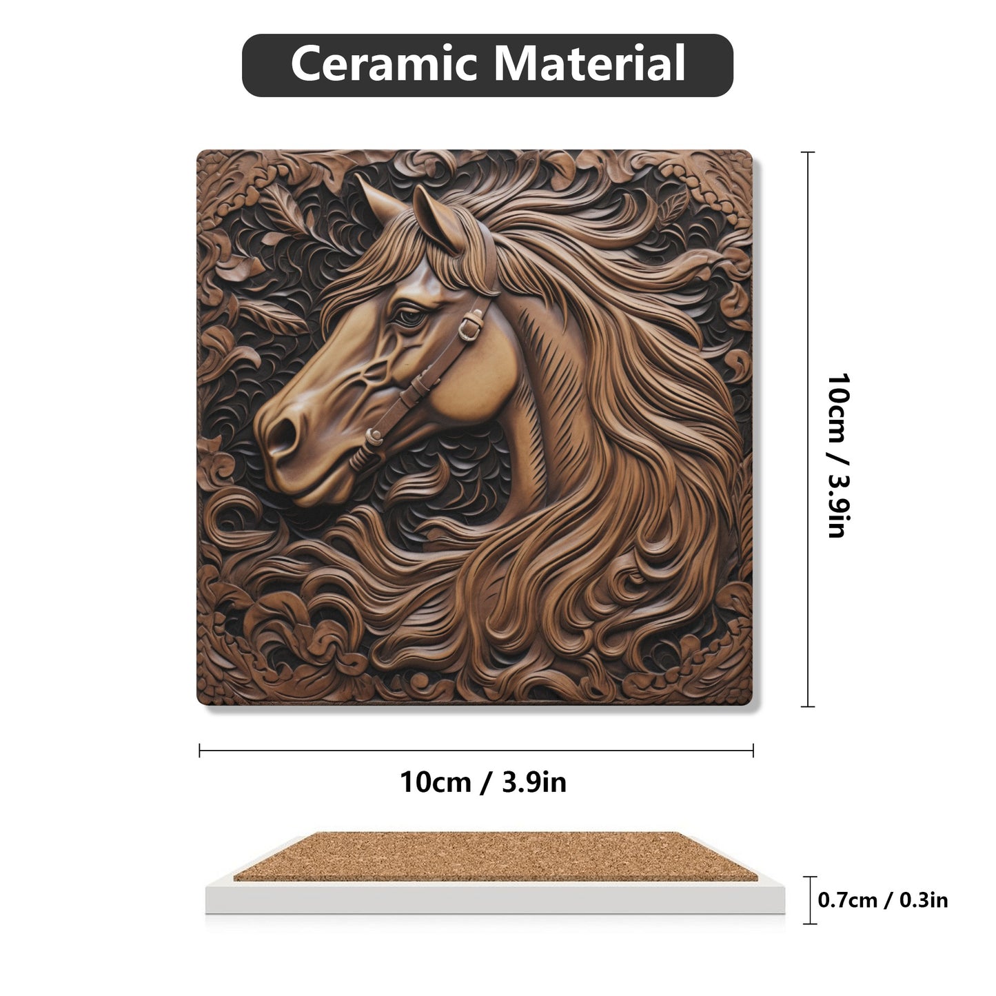 Tooled Leather Horse Head Flowing Main and Filigree Design Print Square Ceramic Coasters - Set of 4