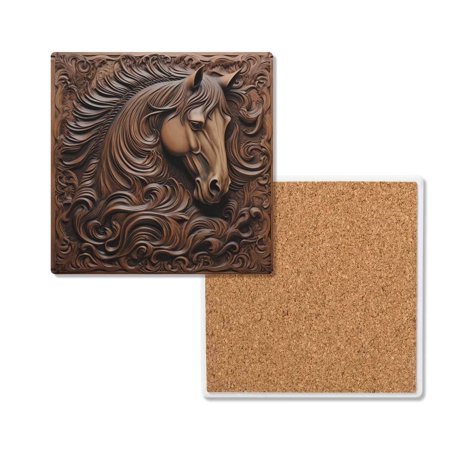 Tooled Leather Horse Head Filigree Design Print Square Ceramic Coasters - Set of 4