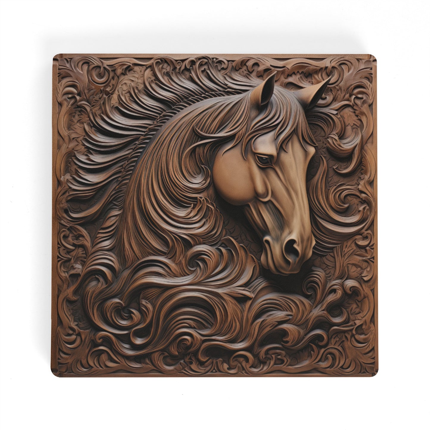 Tooled Leather Horse Head Filigree Design Print Square Ceramic Coasters - Set of 4