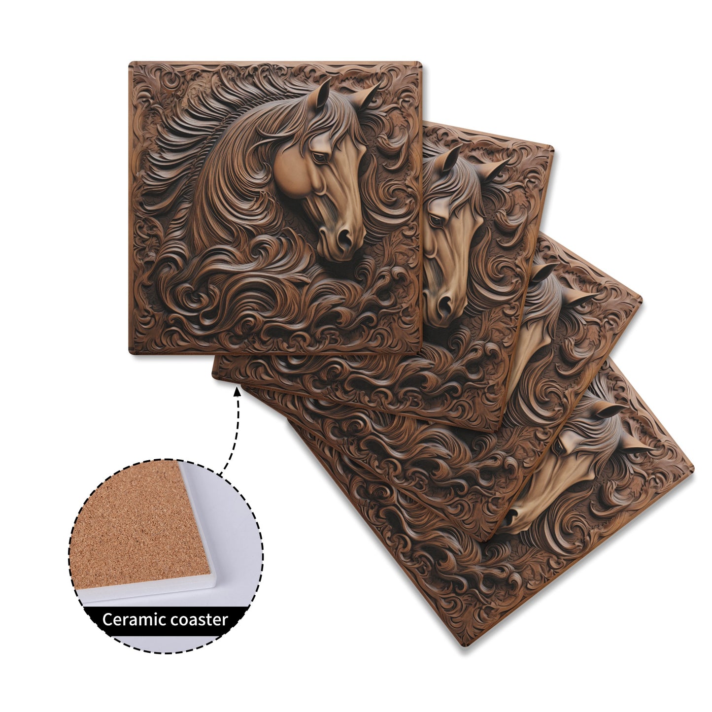 Tooled Leather Horse Head Filigree Design Print Square Ceramic Coasters - Set of 4