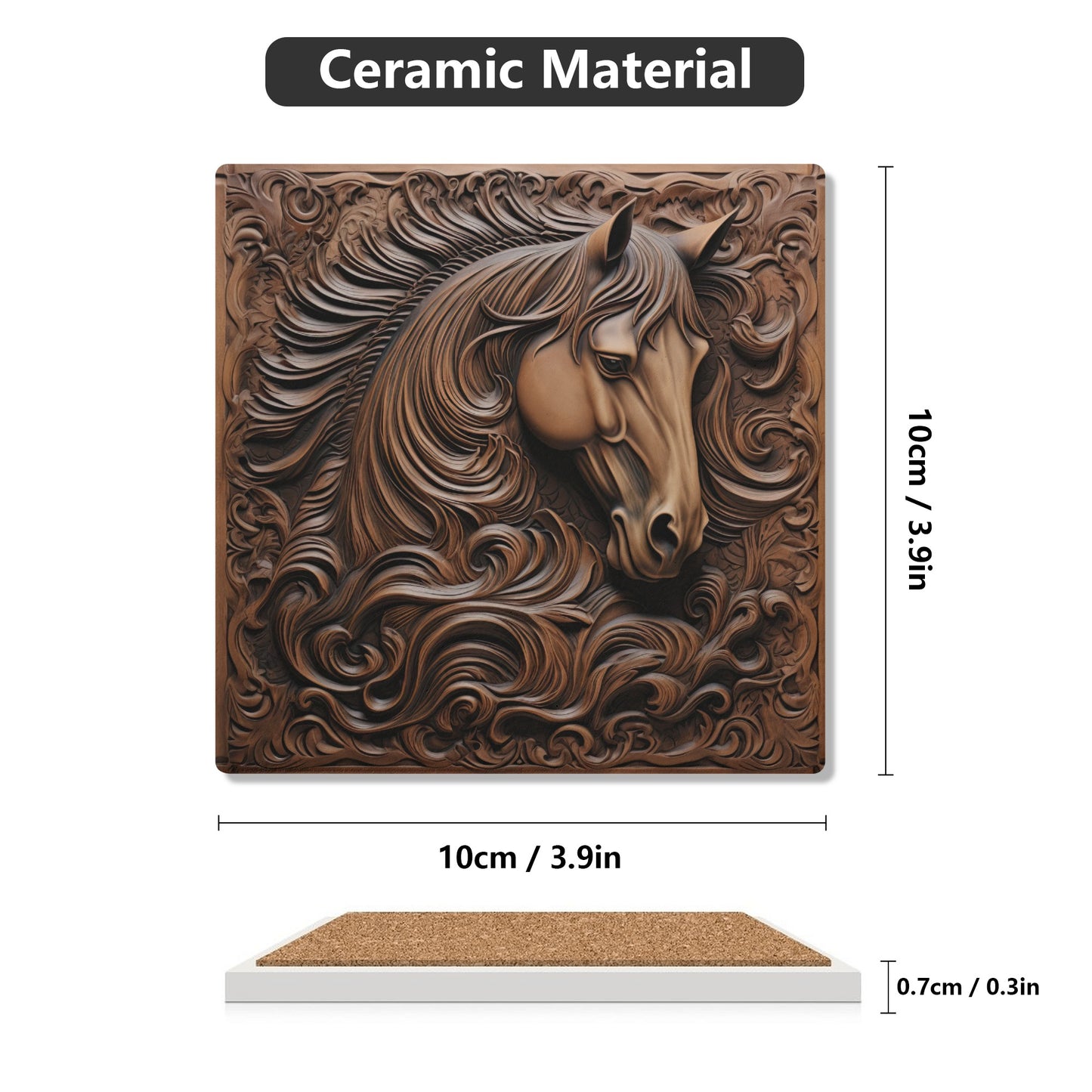 Tooled Leather Horse Head Filigree Design Print Square Ceramic Coasters - Set of 4