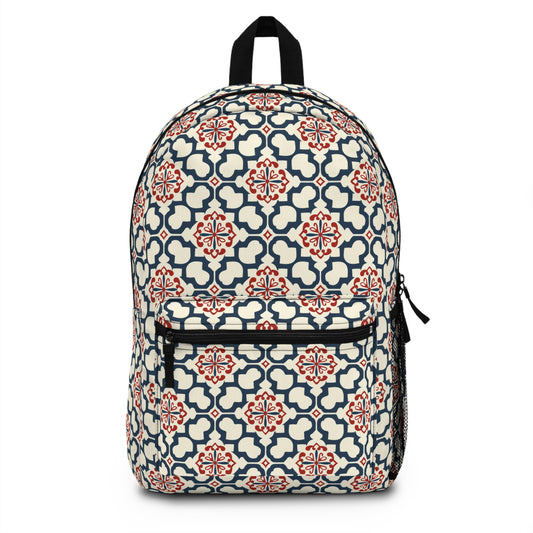 Traditional Korean Elegance in Bold Red and Navy Geometric Tile Pattern Lightweight Stylish Durable Backpack (Made in USA)