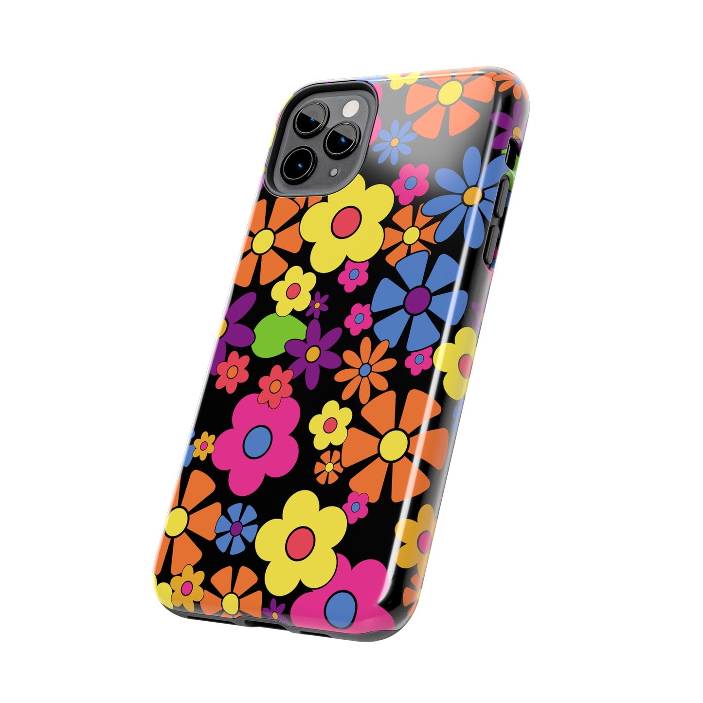 Flower Power Design on Black Background Iphone Tough Phone Case