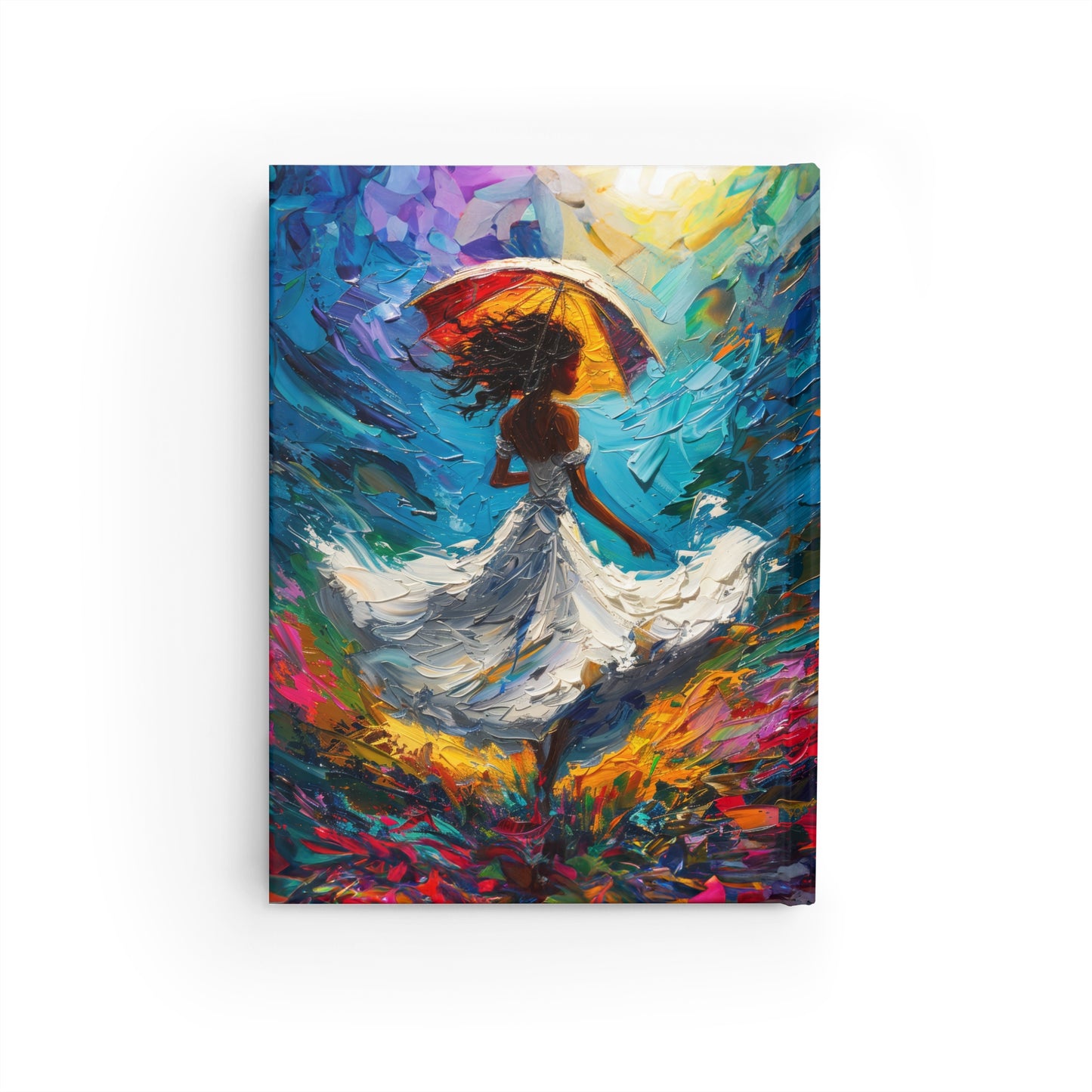 Dancing In The Rain and Sunshine Women in White Dress Swirling Floral Field of Flowers Hard Cover Journal - Ruled Line