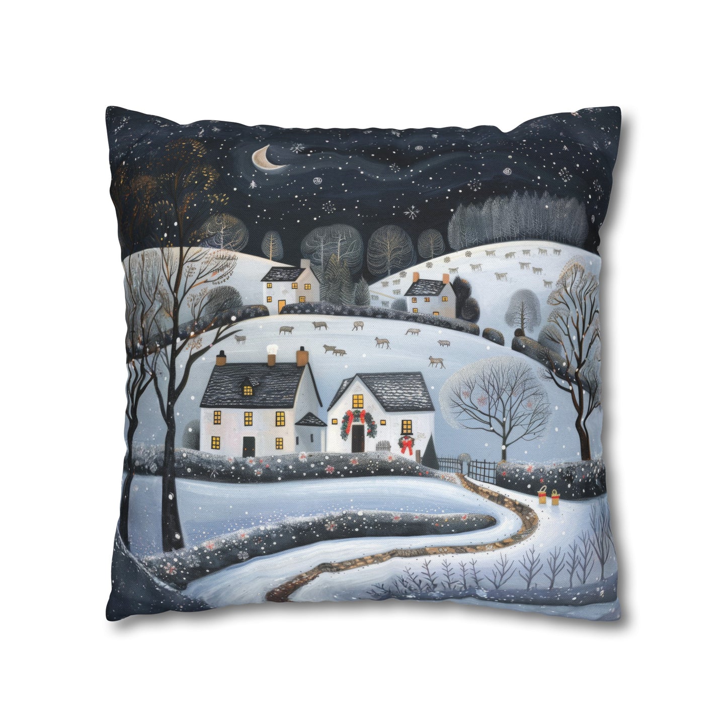 Starry Serenity: Rolling Hills on a Snowy Night, Stars Sparkling in the Sky Spun Polyester Square Pillowcase 4 Sizes