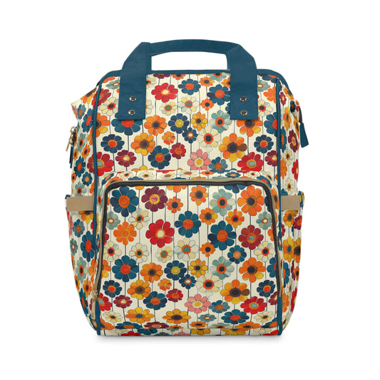 Blooming Joy Vibrant Retro Floral Pattern Multifunctional Diaper Backpack