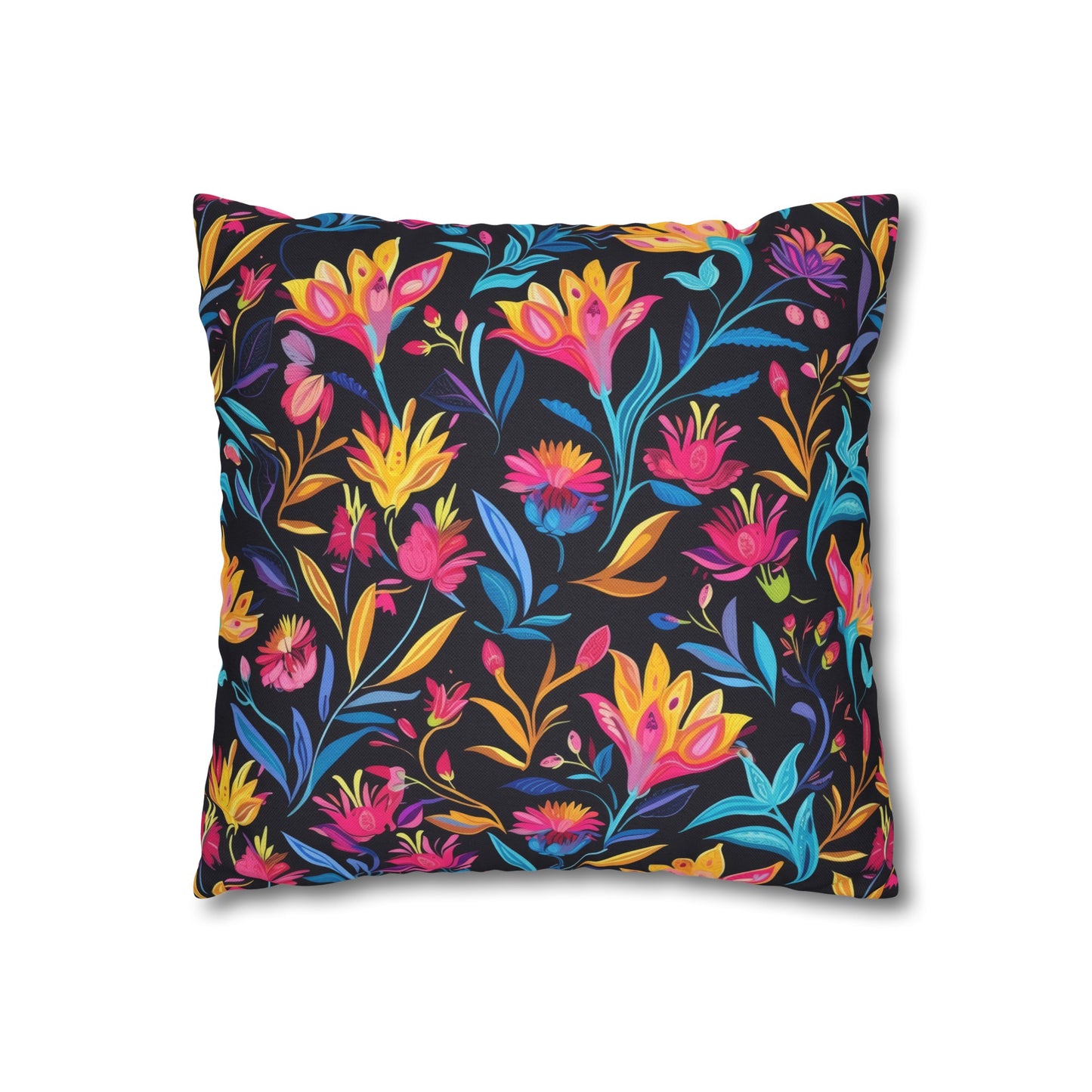 Vibrant Floral Fantasy in Midnight Garden Design Spun Polyester Square Pillowcase 4 Sizes