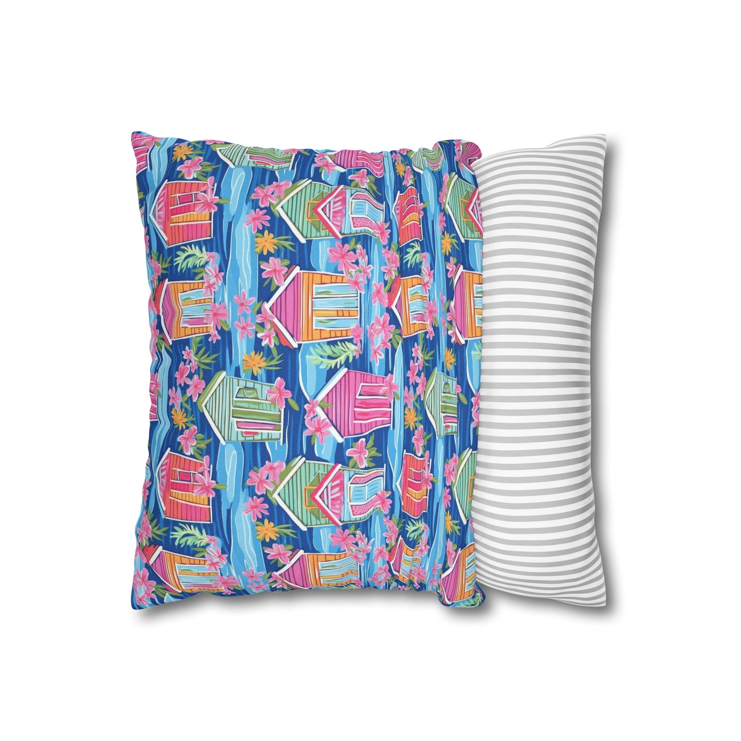 Seaside Serenade: Watercolor Beach Houses Amidst Blooming Florals Spun Polyester Square Pillowcase 4 Sizes