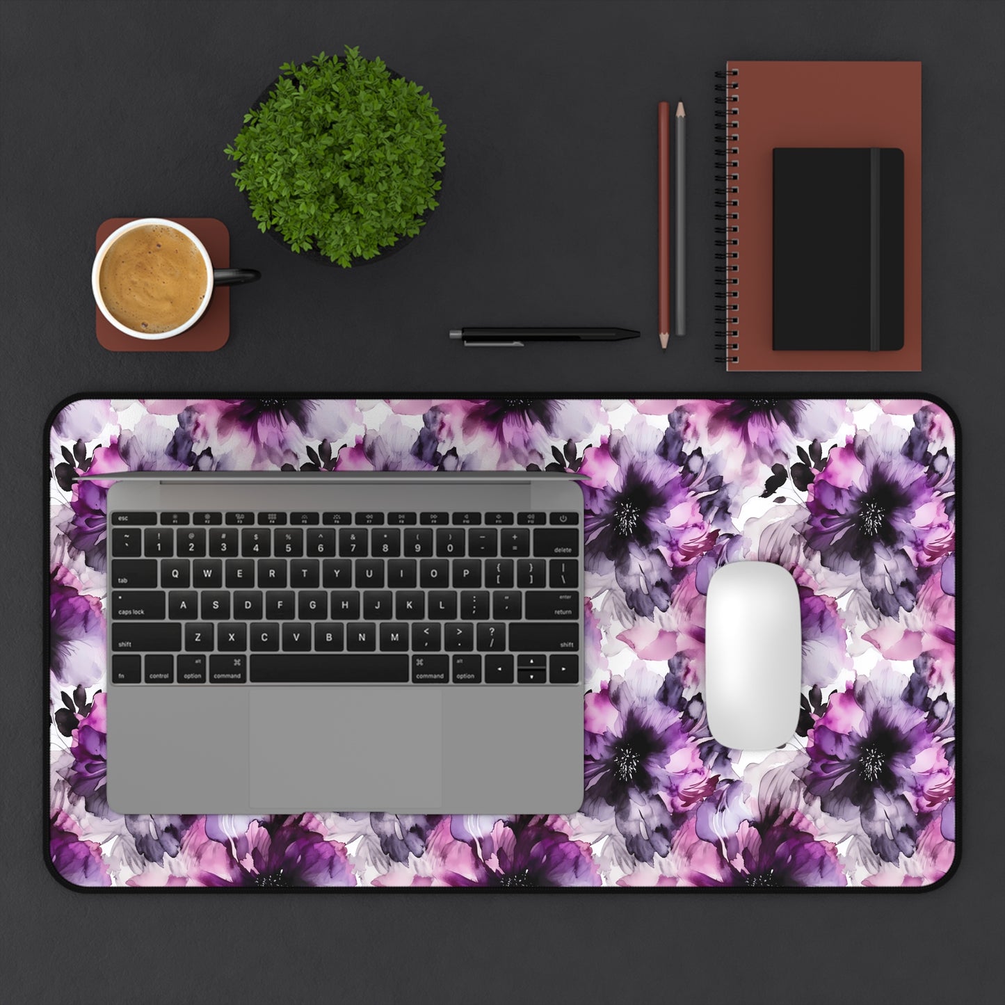 Regal Splendor: Large Purple and Grey Watercolor Flower Design - Desk Mat Extended Gaming Mouse Pad 3 Sizes