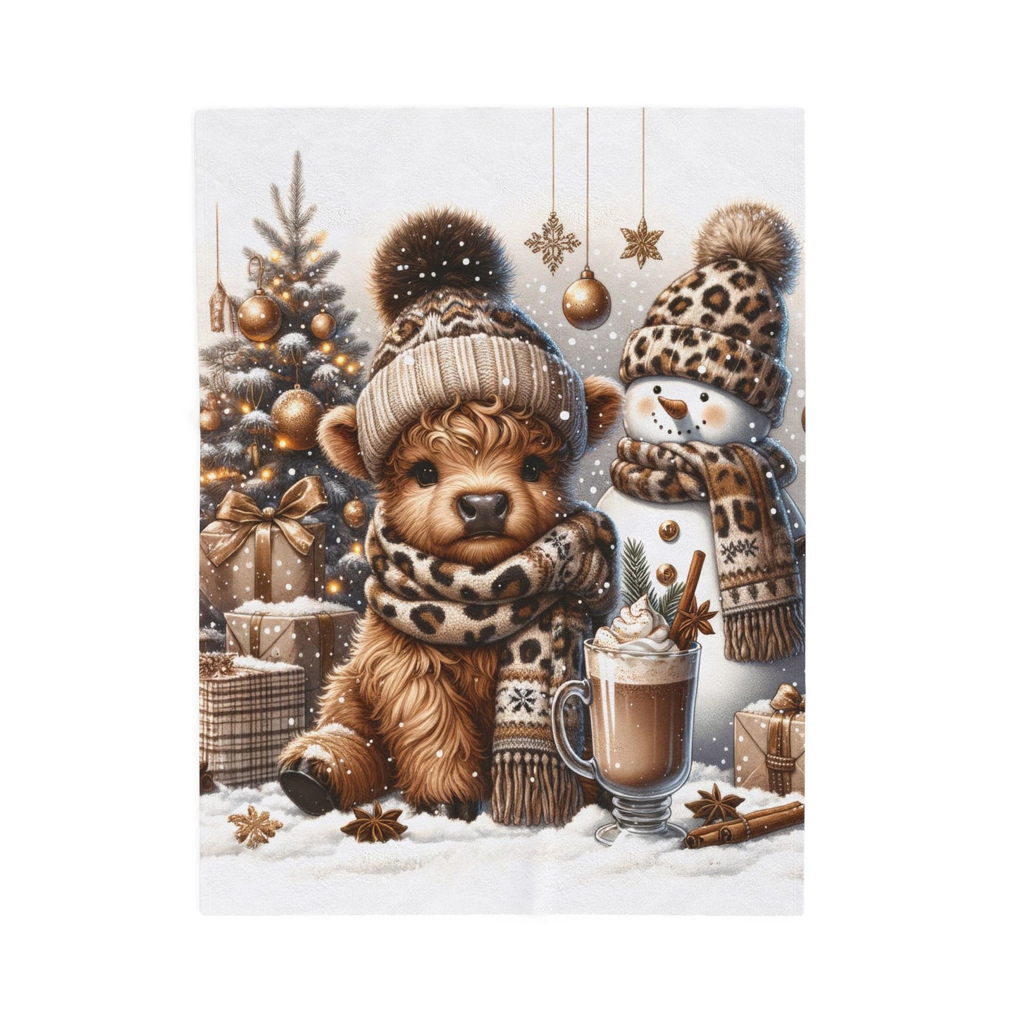 Cute Baby Highland Cow Christmas Trees Presents Leopard Velveteen Plush Blanket 3 Sizes