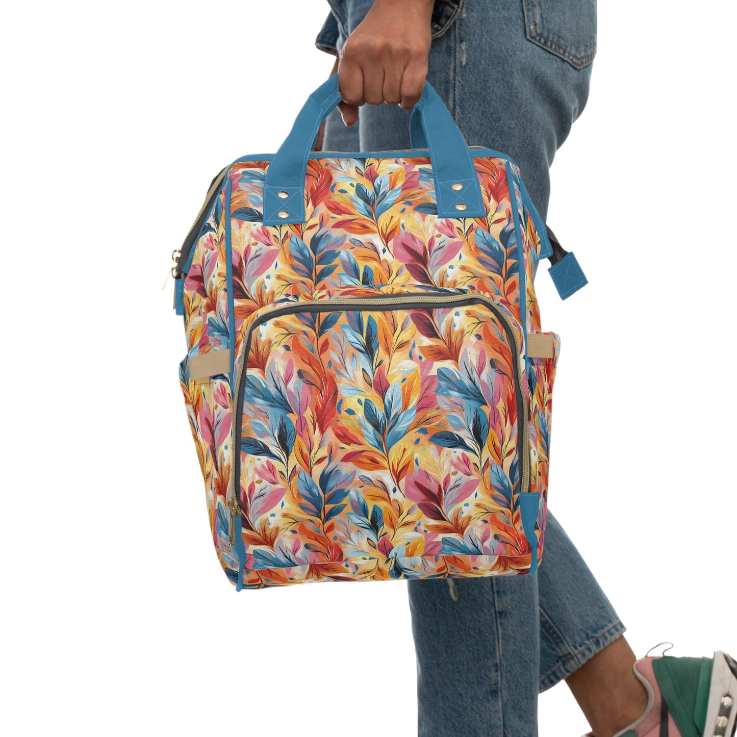 Vibrant Autumn Feathers in Hues of Orange, Yellow, Blue, and Pink on a Textured Background Multifunctional Diaper Backpack