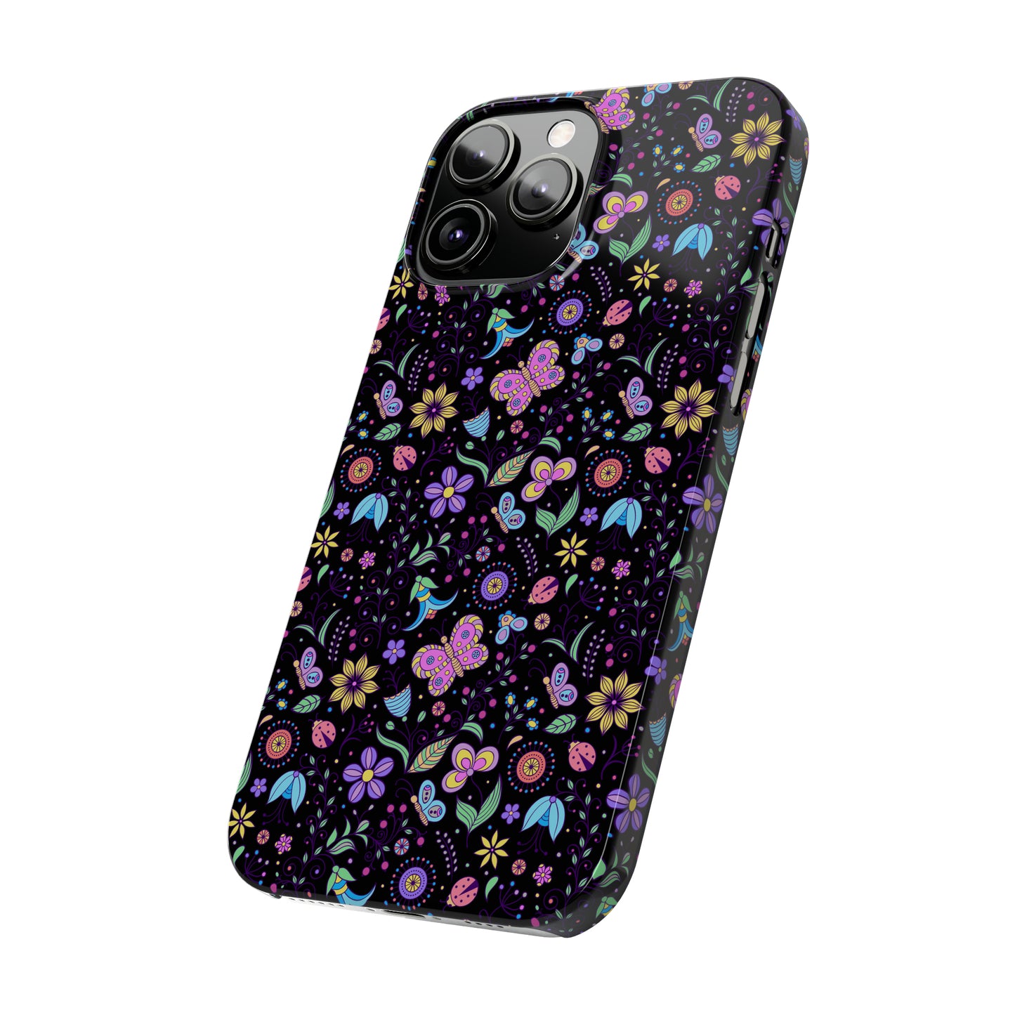 Butterflies and Flowers Black Background Iphone 15-12 Slim Phone Case