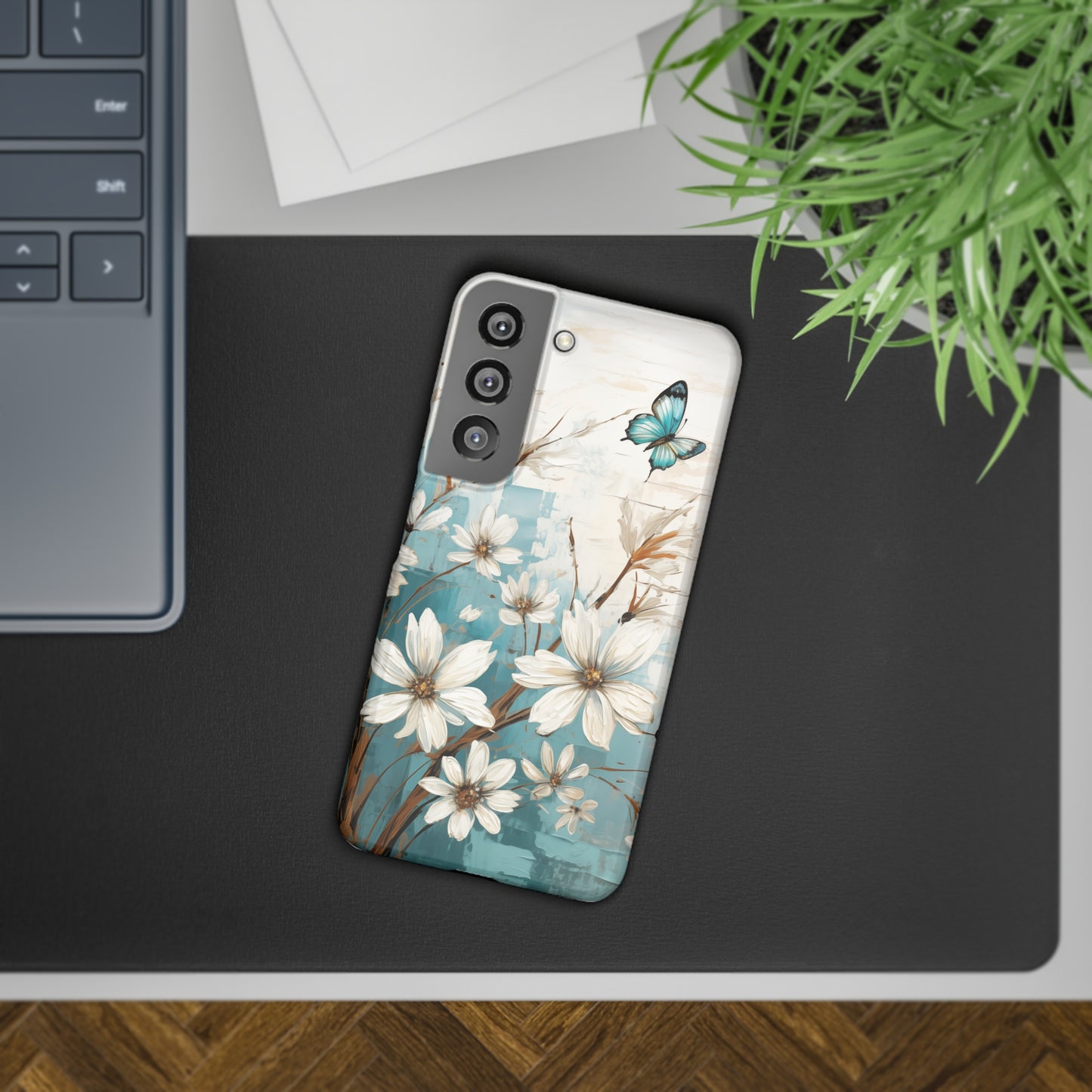 Rustic Farmhouse White and Teal Wild Daisies and Butterflies Samsung Slim Cases