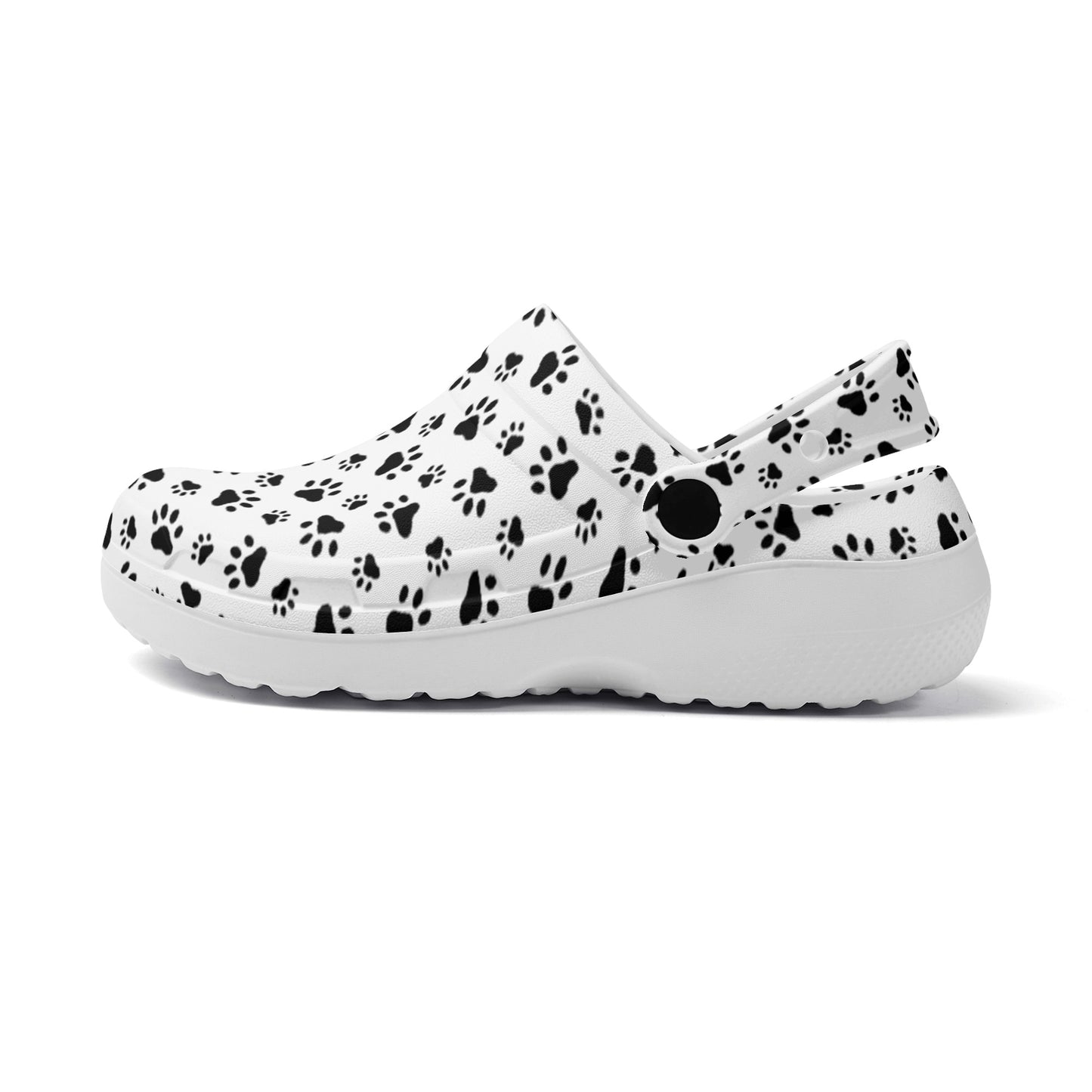 Animal Paw Print in Black on White Casual Lightweight Slip On Nurse Style Clogs