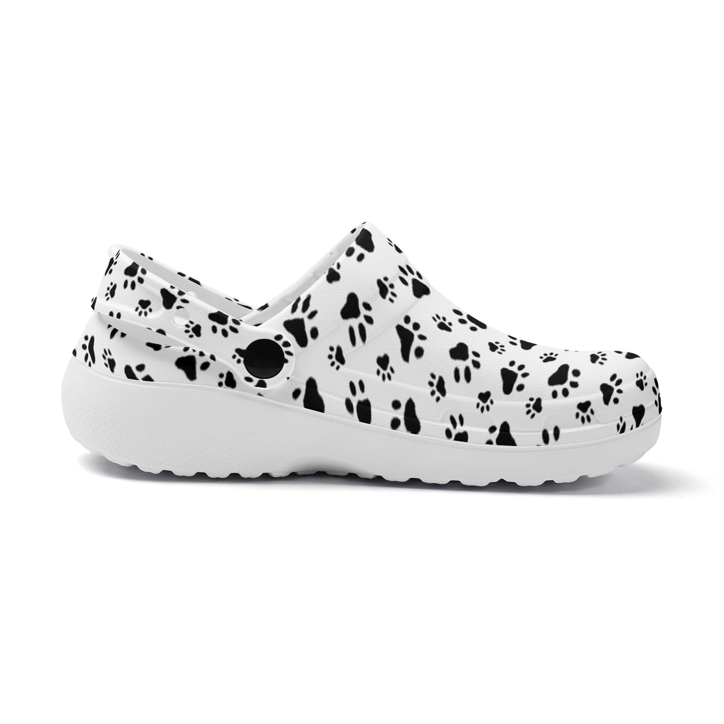 Animal Paw Print in Black on White Casual Lightweight Slip On Nurse Style Clogs