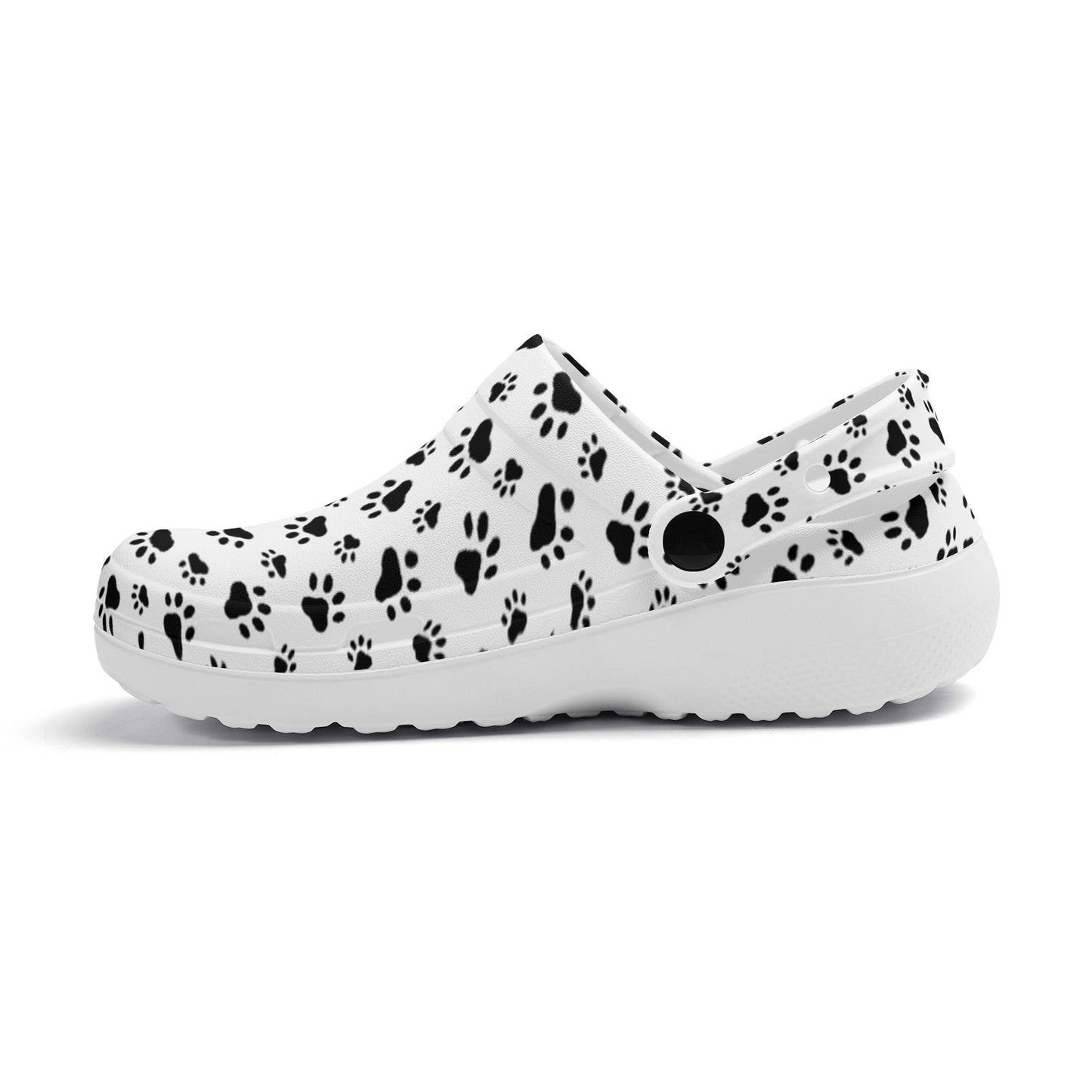 Animal Paw Print in Black on White Casual Lightweight Slip On Nurse Style Clogs