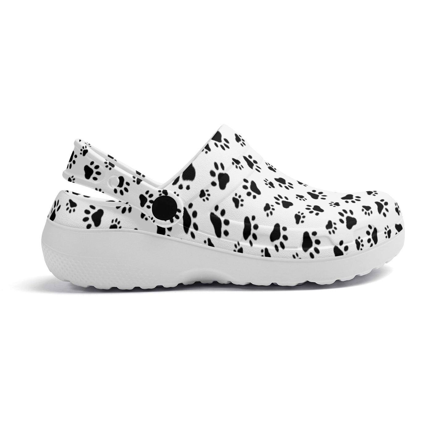 Animal Paw Print in Black on White Casual Lightweight Slip On Nurse Style Clogs