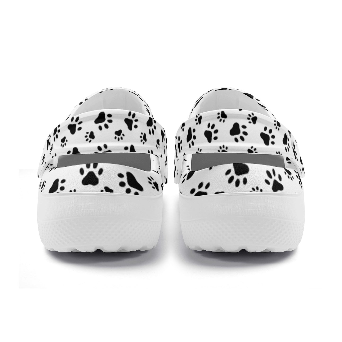 Animal Paw Print in Black on White Casual Lightweight Slip On Nurse Style Clogs