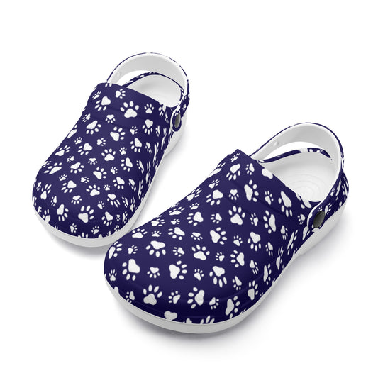 Animal Paw Print in White on Purple Casual Lightweight Slip On Nurse Style Clogs