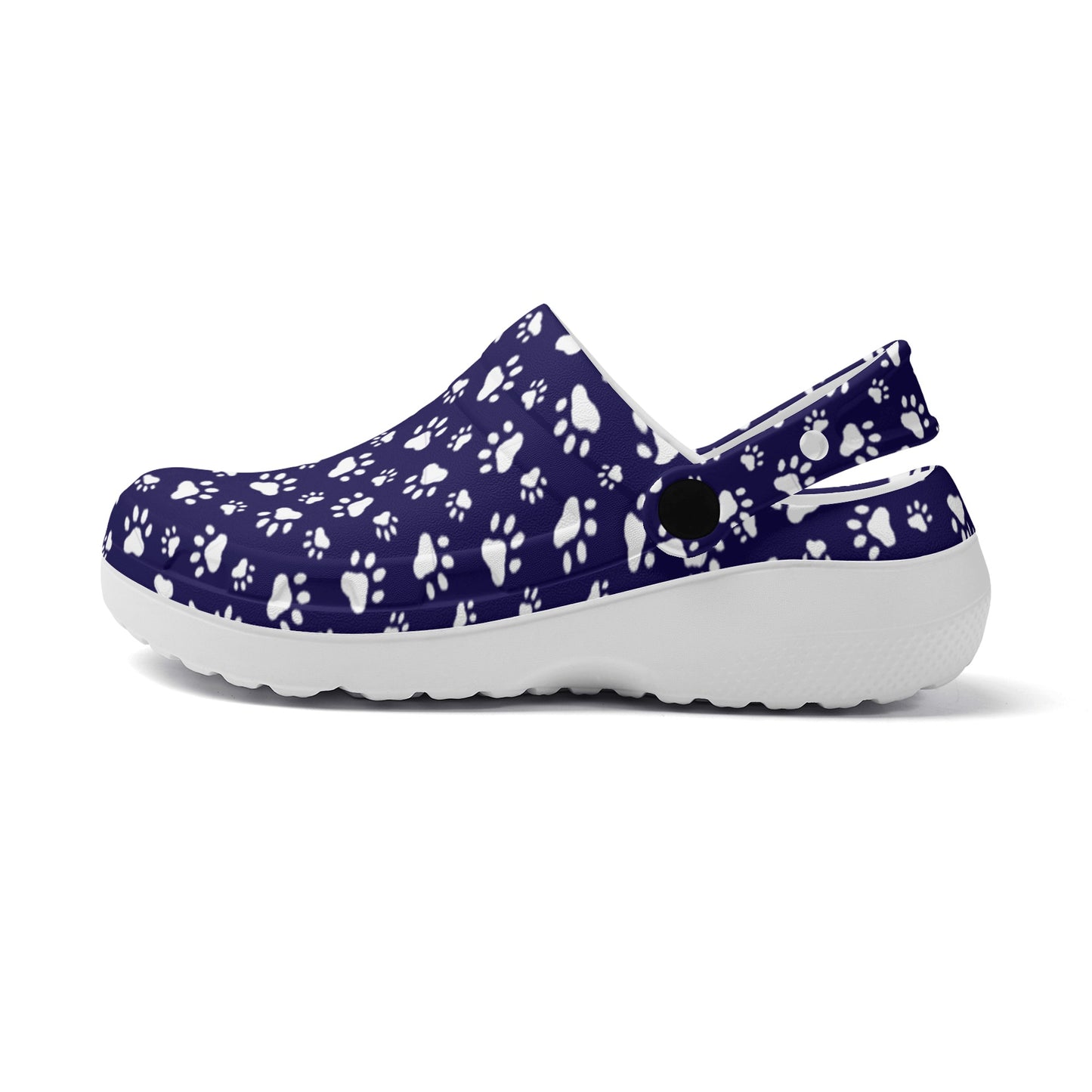 Animal Paw Print in White on Purple Casual Lightweight Slip On Nurse Style Clogs