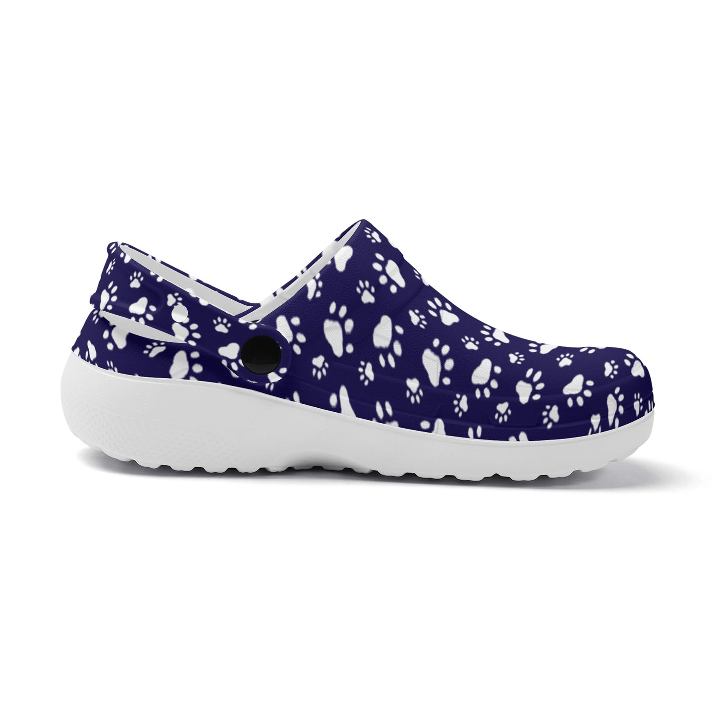 Animal Paw Print in White on Purple Casual Lightweight Slip On Nurse Style Clogs