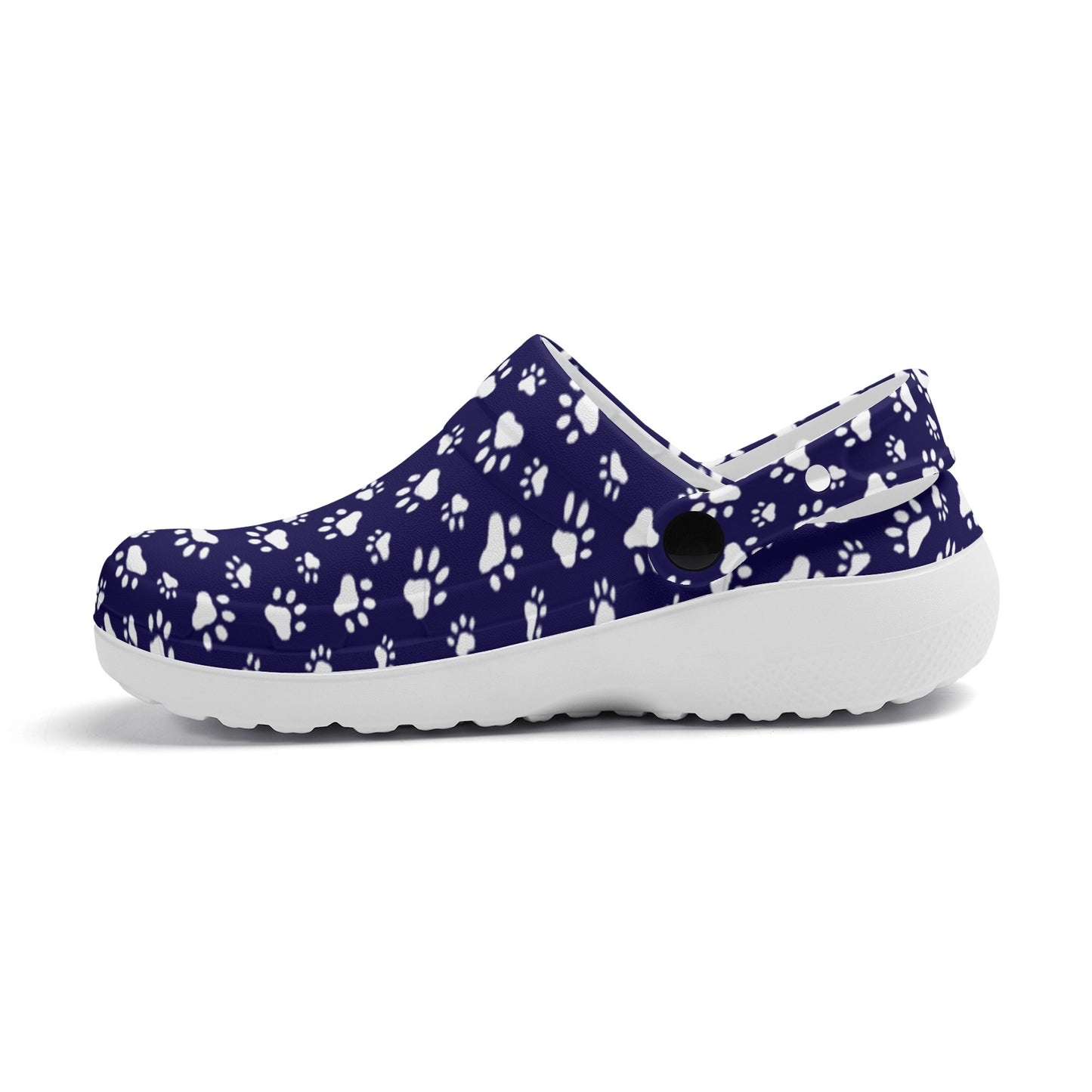 Animal Paw Print in White on Purple Casual Lightweight Slip On Nurse Style Clogs