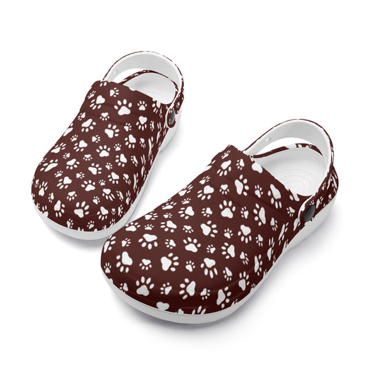 Animal Paw Print in White on Maroon Casual Lightweight Slip On Nurse Style Clogs