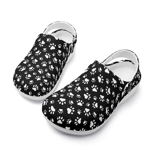 Animal Paw Print in White on Black Casual Lightweight Slip On Nurse Style Clogs