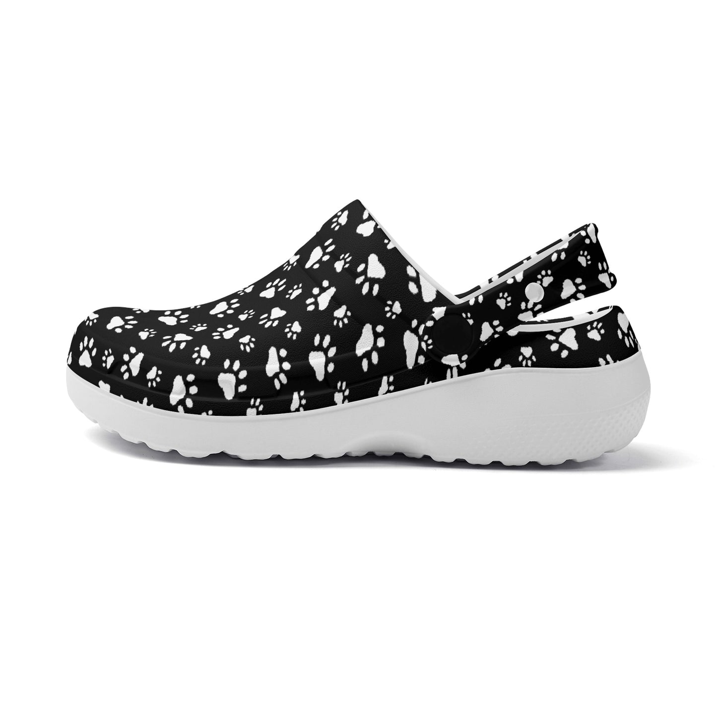 Animal Paw Print in White on Black Casual Lightweight Slip On Nurse Style Clogs