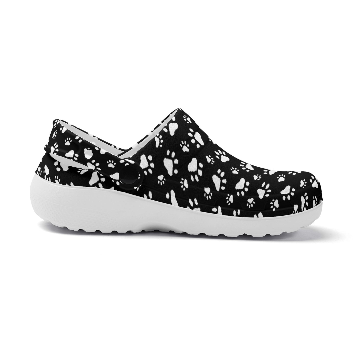 Animal Paw Print in White on Black Casual Lightweight Slip On Nurse Style Clogs